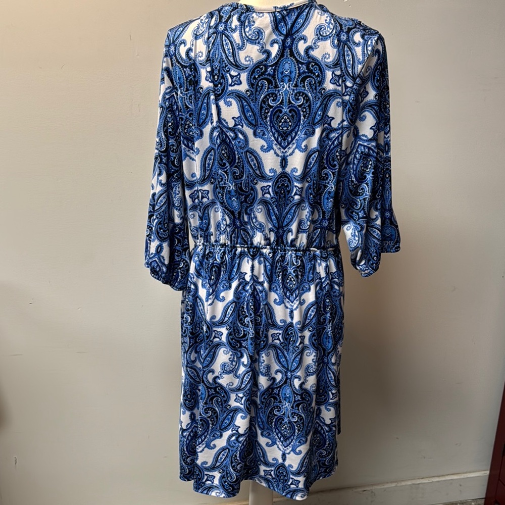 Expresso Dress Blue White Elastic Waist Zip Front V-neck Above Knee Plus Size 2X - Picture 5 of 9